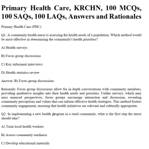 Primary Health Care, KRCHN, 100 MCQs, 100 SAQs, 100 LAQs, Answers and Rationales