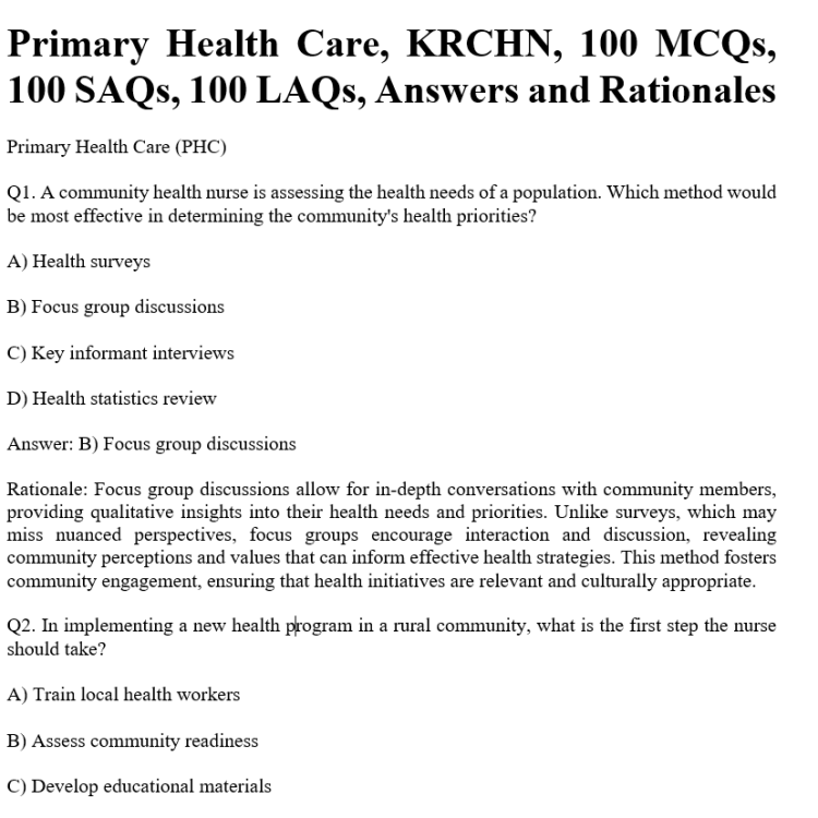 Primary Health Care, KRCHN, 100 MCQs, 100 SAQs, 100 LAQs, Answers and Rationales