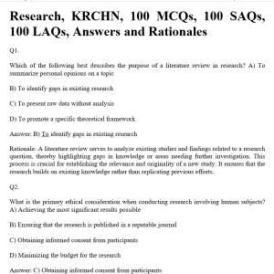 Research, KRCHN, 100 MCQs, 100 SAQs, 100 LAQs, Answers and Rationales