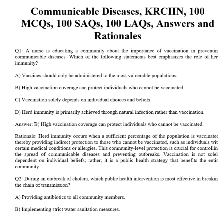 Communicable Diseases, KRCHN, 100 MCQs, 100 SAQs, 100 LAQs, Answers and Rationales