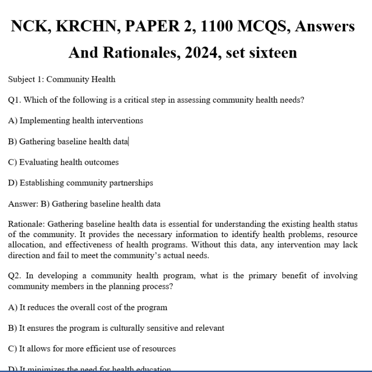 NCK, KRCHN, PAPER 2, 1100 MCQS, Answers And Rationales, 2024, set sixteen