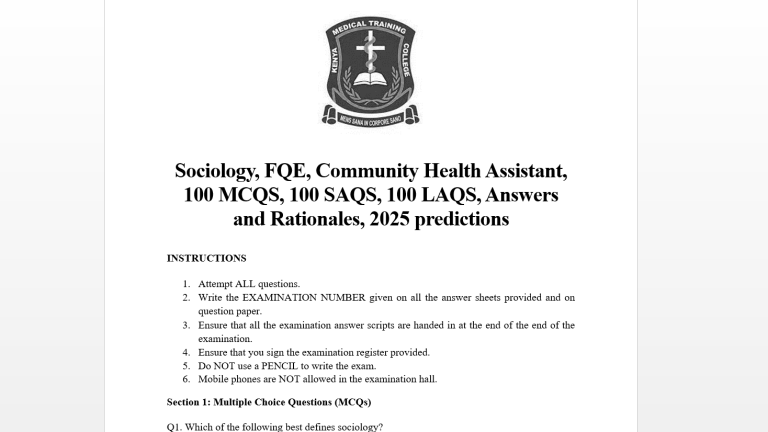 Sociology, FQE, Community Health Assistant, 100 MCQS, 100 SAQS, 100 LAQS, Answers and Rationales, 2025 predictions