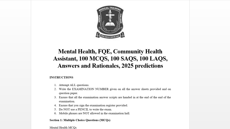 Mental Health, FQE, Community Health Assistant, 100 MCQS, 100 SAQS, 100 LAQS, Answers and Rationales, 2025 predictions