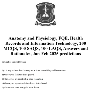 Anatomy and Physiology, FQE, Health Records and Information Technology, 200 MCQS, 100 SAQS, 100 LAQS, Answers and Rationales, Jan-Feb 2025 predictions