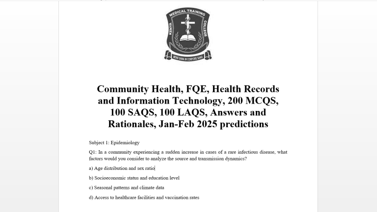Community Health, FQE, Health Records and Information Technology, 200 MCQS, 100 SAQS, 100 LAQS, Answers and Rationales, Jan-Feb 2025 predictions