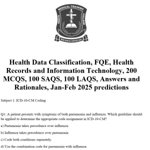 Health Data Classification, FQE, Health Records and Information Technology, 200 MCQS, 100 SAQS, 100 LAQS, Answers and Rationales, Jan-Feb 2025 predictions