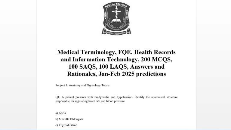 Medical Terminology, FQE, Health Records and Information Technology, 200 MCQS, 100 SAQS, 100 LAQS, Answers and Rationales, Jan-Feb 2025 predictions