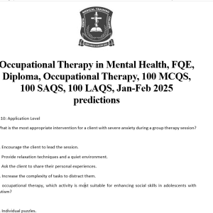 Occupational Therapy in Mental Health, FQE, Diploma, Occupational Therapy, 100 MCQS, 100 SAQS, 100 LAQS, Jan-Feb 2025 predictions