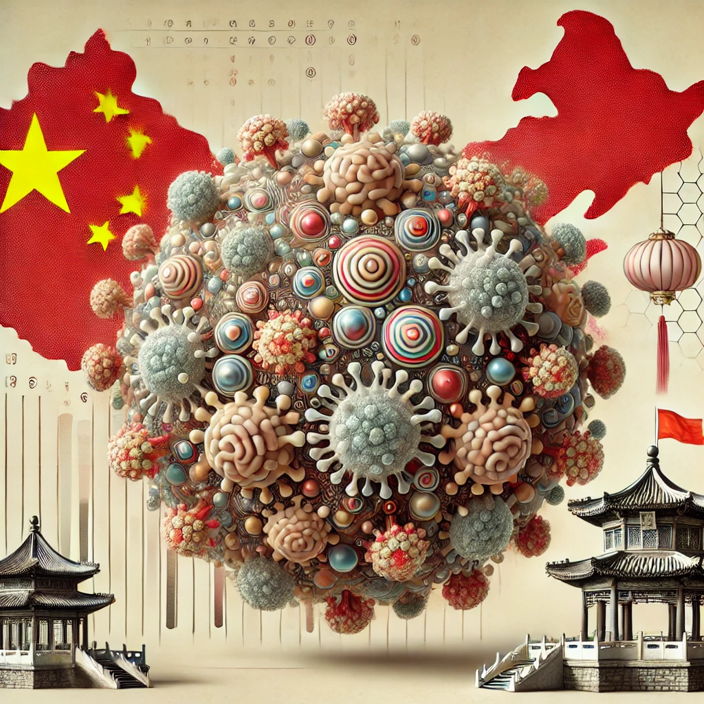 DALL·E 2025-01-11 14.26.34 – An artistic representation of Human Metapneumovirus (HMPV) in a Chinese context, featuring a scientific visualization of the virus particles with sphe