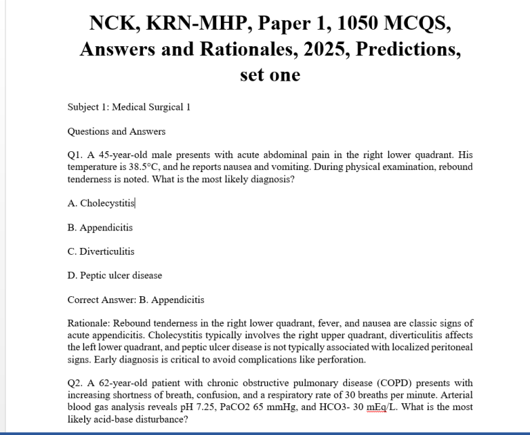 NCK, KRN-MHP, Paper 1, 1050 MCQS, Answers and Rationales, 2025, Predictions, set one