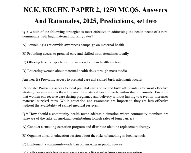 NCK, KRCHN, PAPER 2, 1250 MCQS, Answers And Rationales, 2025, Predictions, set two
