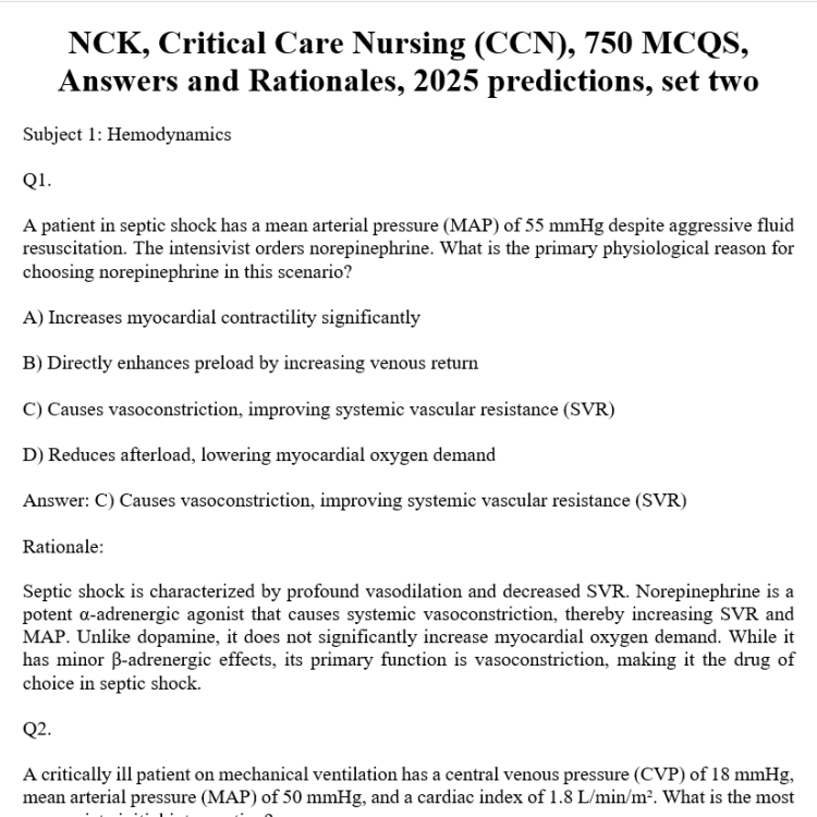 NCK, Critical Care Nursing (CCN), 750 MCQS, Answers and Rationales, 2025 predictions, set two