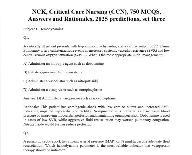 NCK, Critical Care Nursing (CCN), 750 MCQS, Answers and Rationales, 2025 predictions, set three