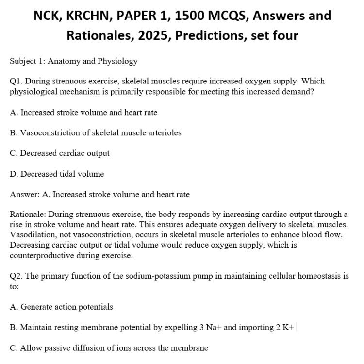 NCK, KRCHN, PAPER 1, 1500 MCQS, Answers and Rationales, 2025, Predictions, set four