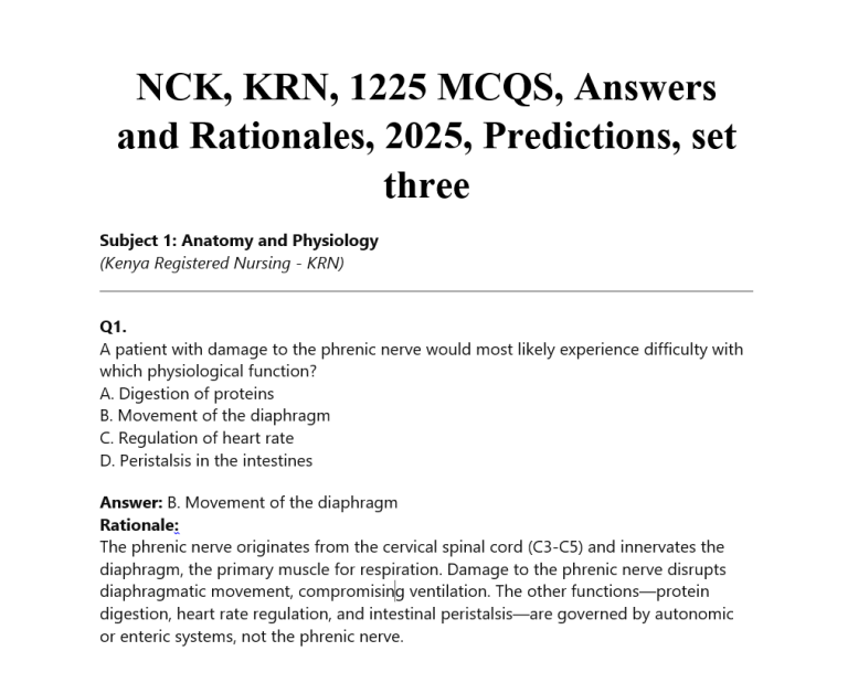 NCK, KRN, 1225 MCQS, Answers and Rationales, 2025, Predictions, set three