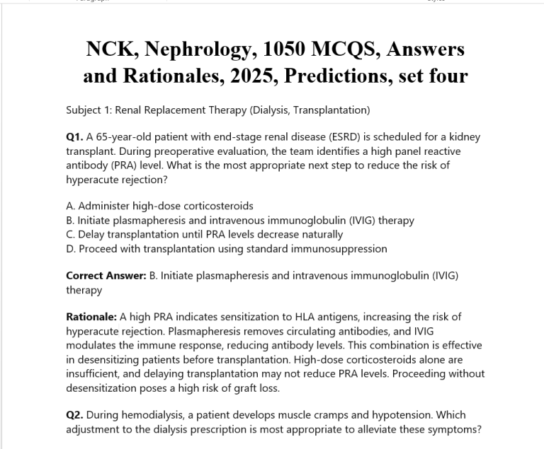 NCK, Nephrology, 1050 MCQS, Answers and Rationales, 2025, Predictions, set four