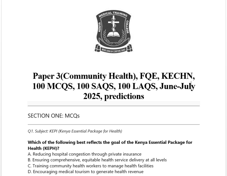 Paper 3(Community Health), FQE, KECHN, 100 MCQS, 100 SAQS, 100 LAQS, June-July 2025, predictions