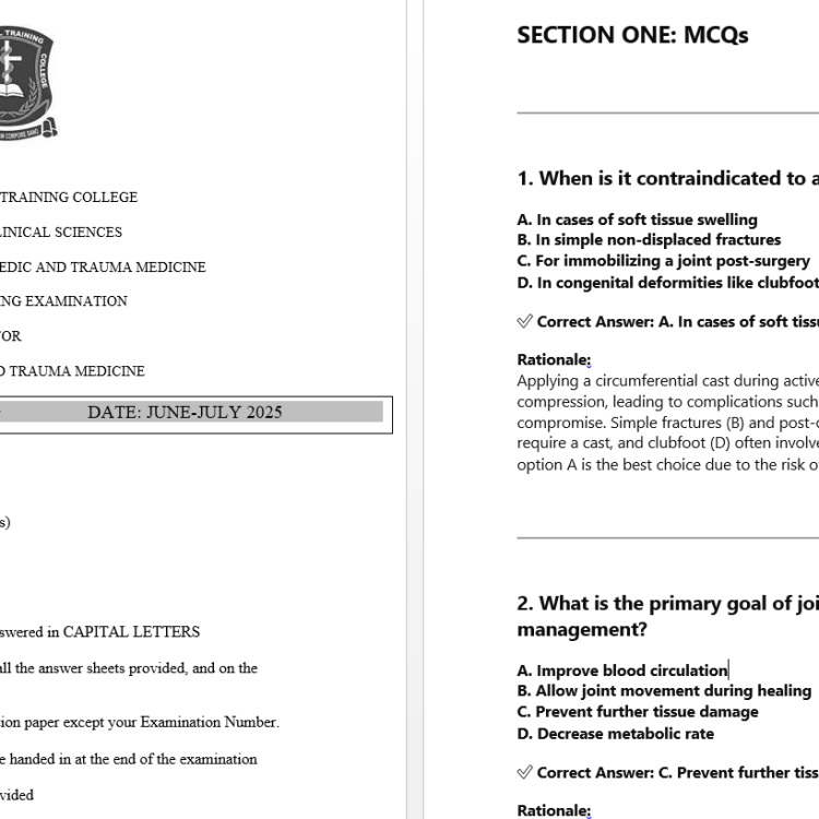 Casting and splinting, FQE, Orthopaedics and trauma Medicine, June-July 2025 predictions