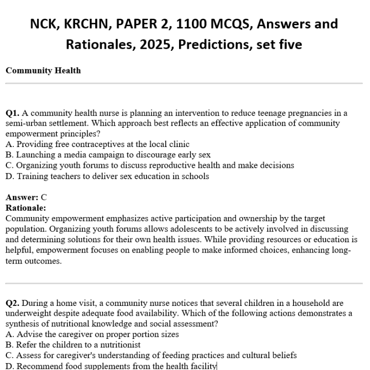 NCK, KRCHN, Paper 2, 1100 MCQS, Answers and Rationales, 2025, Predictions, set five