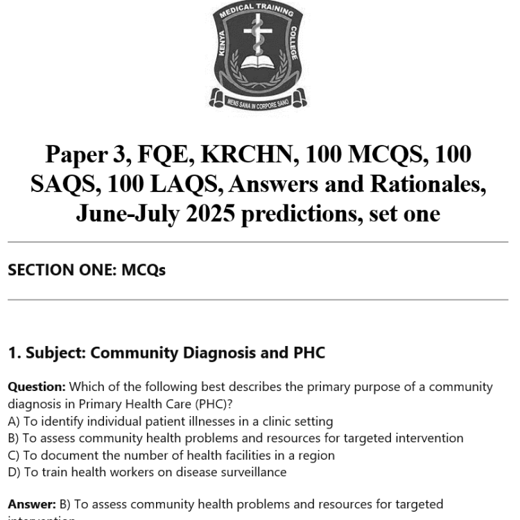 Paper 3, FQE, KRCHN, 100 MCQS, 100 SAQS, 100 LAQS, Answers and Rationales, June-July 2025 predictions, set one