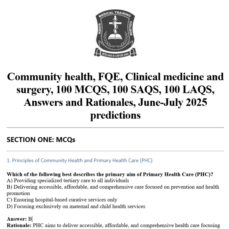 Community health, FQE, Clinical medicine and surgery, 100 MCQS, 100 SAQS, 100 LAQS, Answers and Rationales, June-July 2025 predictions