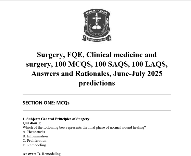 Surgery, FQE, Clinical medicine and surgery, 100 MCQS, 100 SAQS, 100 LAQS, Answers and Rationales, June-July 2025 predictions