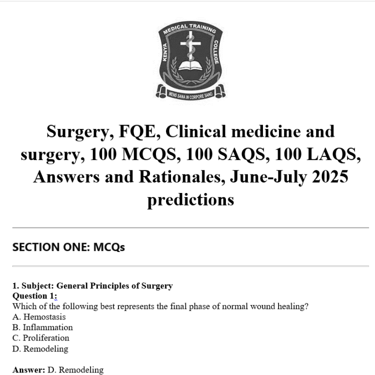 Surgery, FQE, Clinical medicine and surgery, 100 MCQS, 100 SAQS, 100 LAQS, Answers and Rationales, June-July 2025 predictions