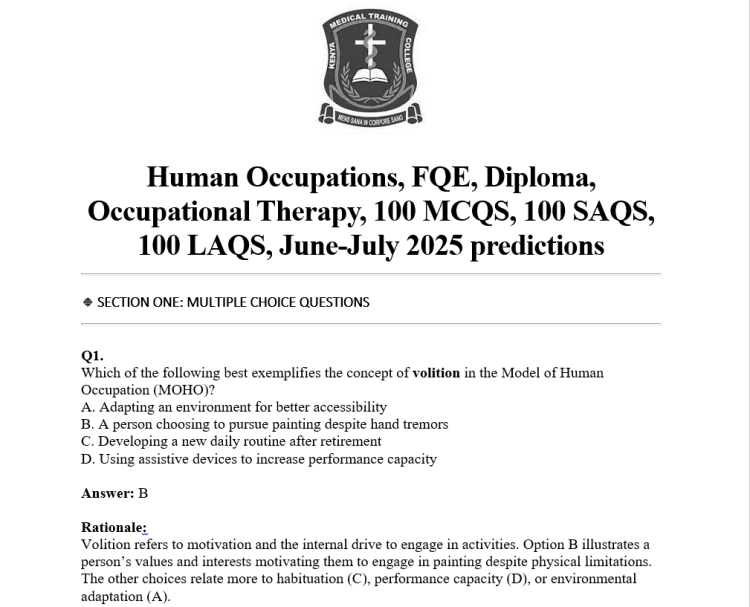 Human Occupations, FQE, Diploma, Occupational Therapy, 100 MCQS, 100 SAQS, 100 LAQS, June-July 2025 predictions