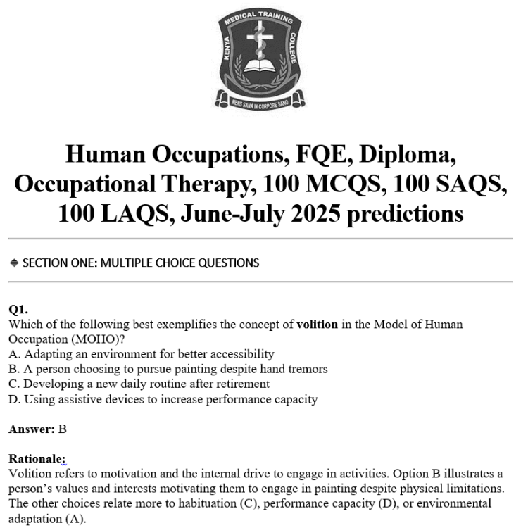 Human Occupations, FQE, Diploma, Occupational Therapy, 100 MCQS, 100 SAQS, 100 LAQS, June-July 2025 predictions