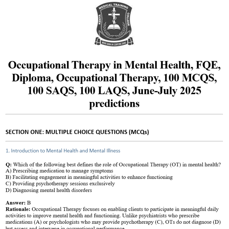 Occupational Therapy in Mental Health, FQE, Diploma, Occupational Therapy, 100 MCQS, 100 SAQS, 100 LAQS, June-July 2025 predictions