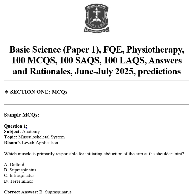 Basic Science (Paper 1), FQE, Physiotherapy, 100 MCQS, 100 SAQS, 100 LAQS, Answers and Rationales, June-July 2025, predictions