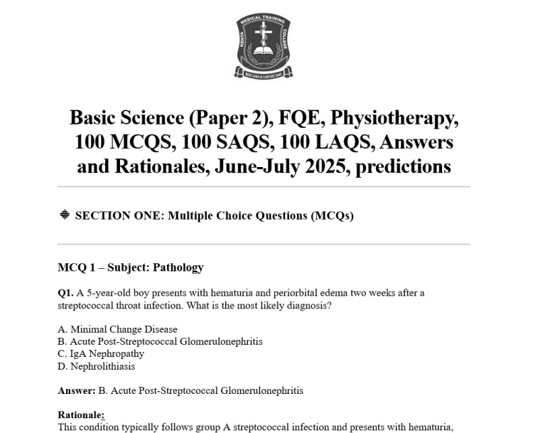 Basic Science (Paper 2), FQE, Physiotherapy, 100 MCQS, 100 SAQS, 100 LAQS, Answers and Rationales, June-July 2025, predictions