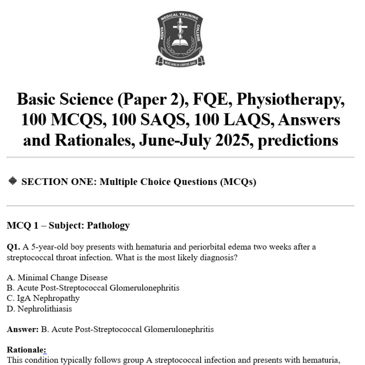 Basic Science (Paper 2), FQE, Physiotherapy, 100 MCQS, 100 SAQS, 100 LAQS, Answers and Rationales, June-July 2025, predictions