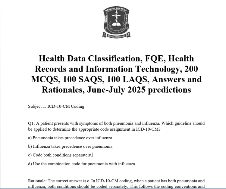 Health Data Classification, FQE, Health Records and Information Technology, 200 MCQS, 100 SAQS, 100 LAQS, Answers and Rationales, June-July 2025 predictions
