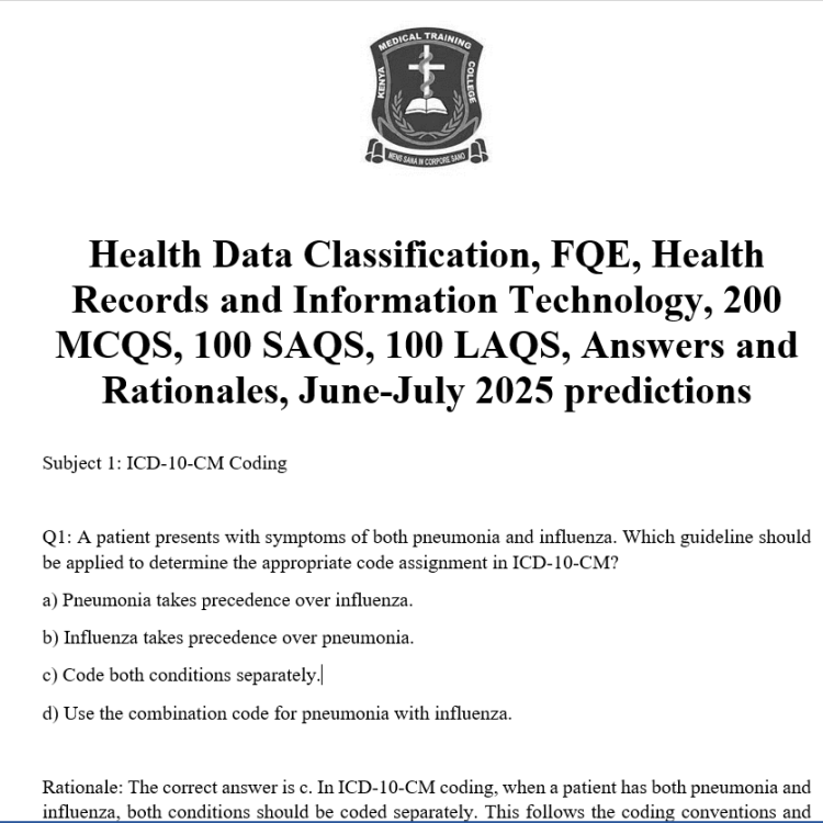 Health Data Classification, FQE, Health Records and Information Technology, 200 MCQS, 100 SAQS, 100 LAQS, Answers and Rationales, June-July 2025 predictions
