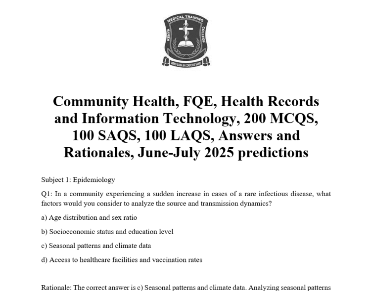 Community Health, FQE, Health Records and Information Technology, 200 MCQS, 100 SAQS, 100 LAQS, Answers and Rationales, June-July 2025 predictions