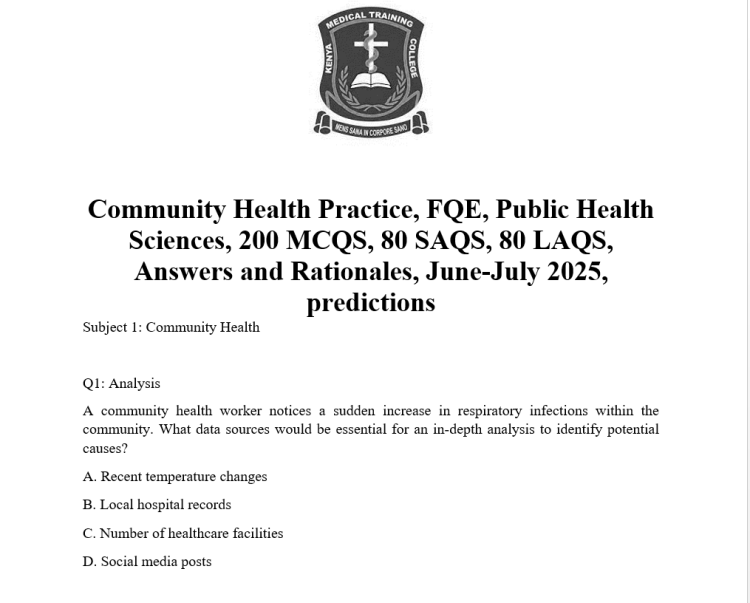 Community Health Practice, FQE, Public Health Sciences, 200 MCQS, 80 SAQS, 80 LAQS, Answers and Rationales, June-July 2025, predictions