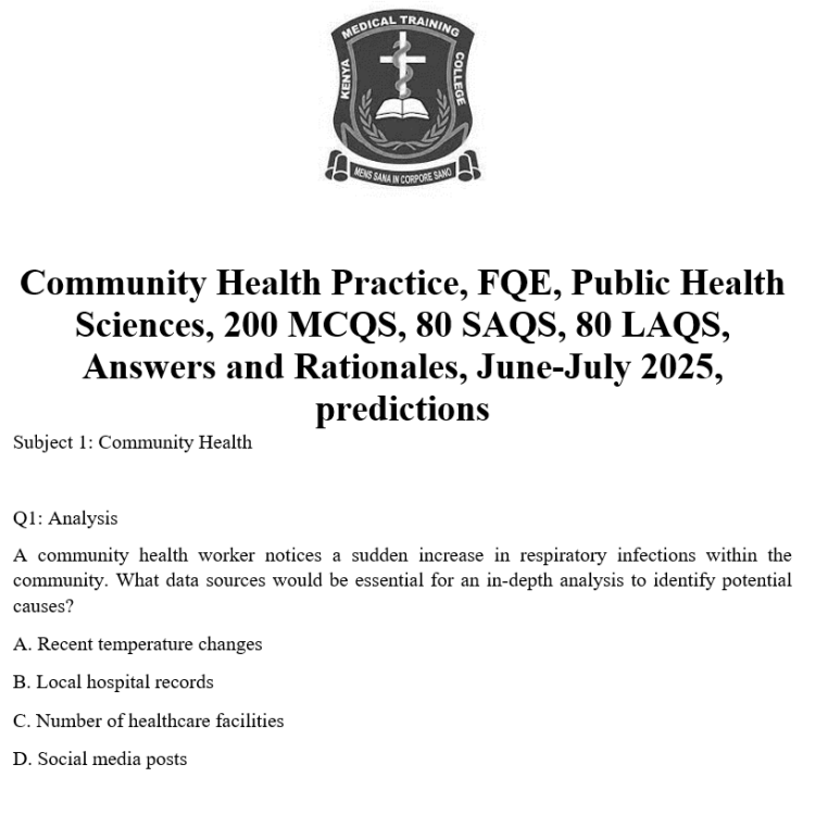 Community Health Practice, FQE, Public Health Sciences, 200 MCQS, 80 SAQS, 80 LAQS, Answers and Rationales, June-July 2025, predictions