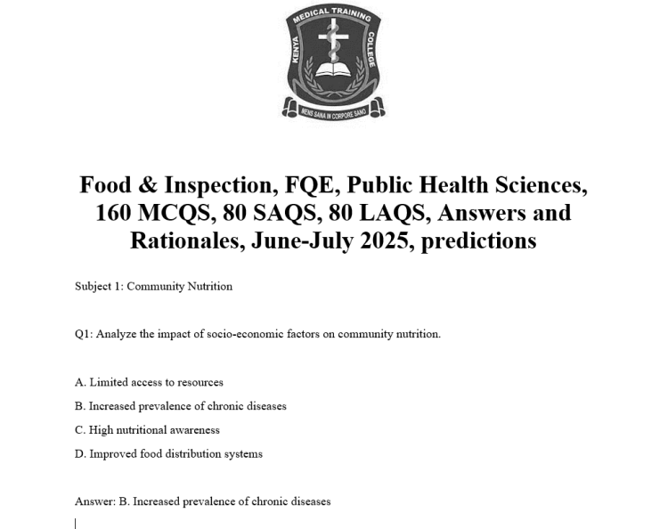 Food & Inspection, FQE, Public Health Sciences, 160 MCQS, 80 SAQS, 80 LAQS, Answers and Rationales, June-July 2025, predictions