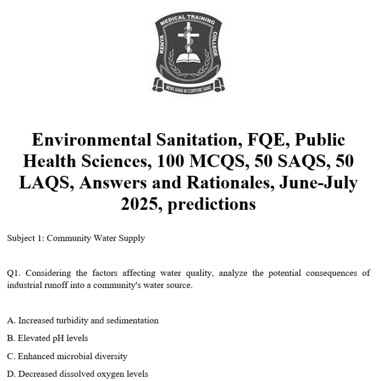 Environmental Sanitation, FQE, Public Health Sciences, 100 MCQS, 50 SAQS, 50 LAQS, Answers and Rationales, June-July 2025, predictions