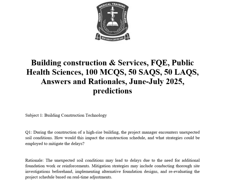 Building construction & Services, FQE, Public Health Sciences, 100 MCQS, 50 SAQS, 50 LAQS, Answers and Rationales, June-July 2025, predictions