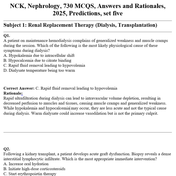 NCK, Nephrology, 730 MCQS, Answers and Rationales, 2025, Predictions, set five