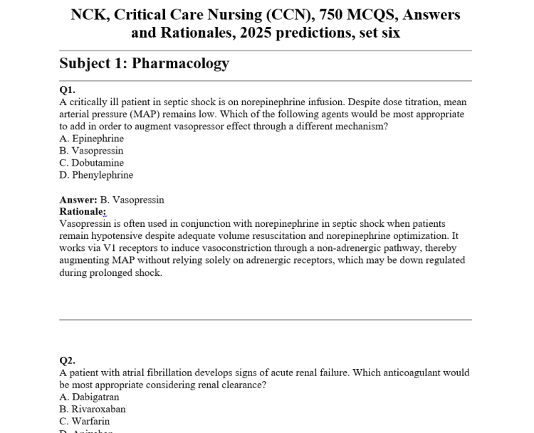 NCK, Critical Care Nursing (CCN), 750 MCQS, Answers and Rationales, 2025 predictions, set six