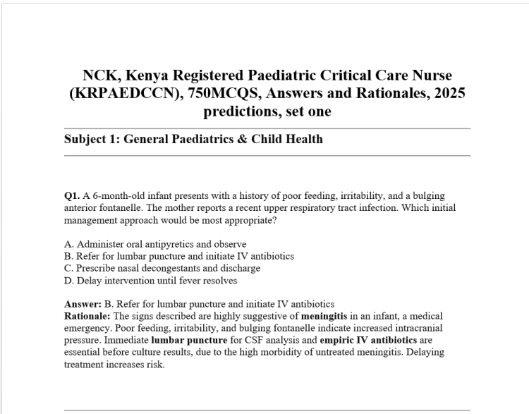 NCK, Kenya Registered Paediatric Critical Care Nurse (KRPAEDCCN), 750MCQS, Answers and Rationales, 2025 predictions, set one