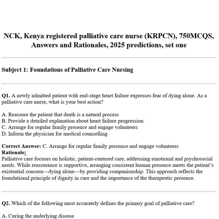 NCK, Kenya registered palliative care nurse (KRPCN), 750MCQS, Answers and Rationales, 2025 predictions, set one