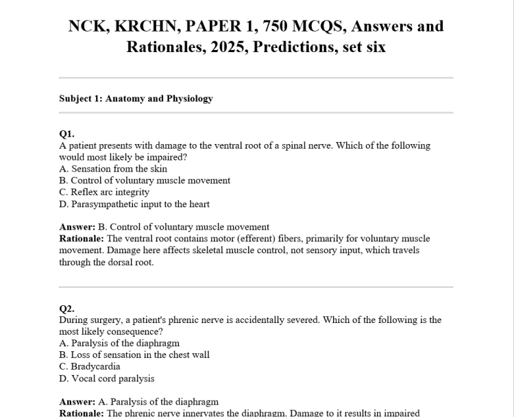NCK, KRCHN, PAPER 1, 750 MCQS, Answers and Rationales, 2025, Predictions, set six