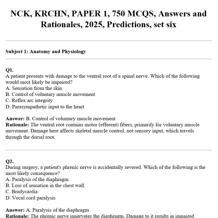 NCK, KRCHN, PAPER 1, 750 MCQS, Answers and Rationales, 2025, Predictions, set six