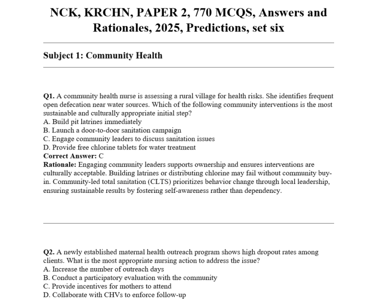 NCK, KRCHN, PAPER 2, 770 MCQS, Answers and Rationales, 2025, Predictions, set six