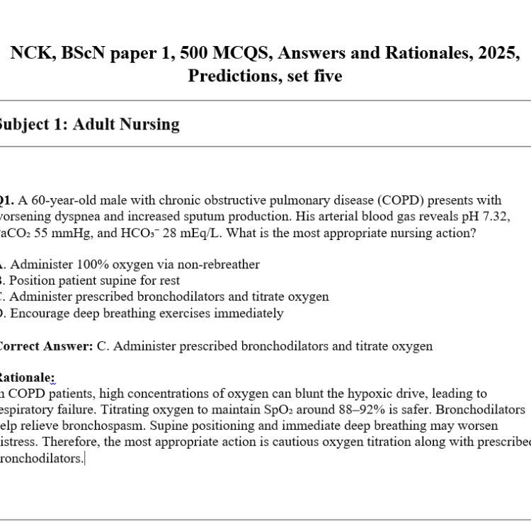 NCK, BScN paper 1, 500 MCQS, Answers and Rationales, 2025, Predictions, set five