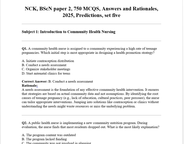 NCK, BScN paper 2, 750 MCQS, Answers and Rationales, 2025, Predictions, set five